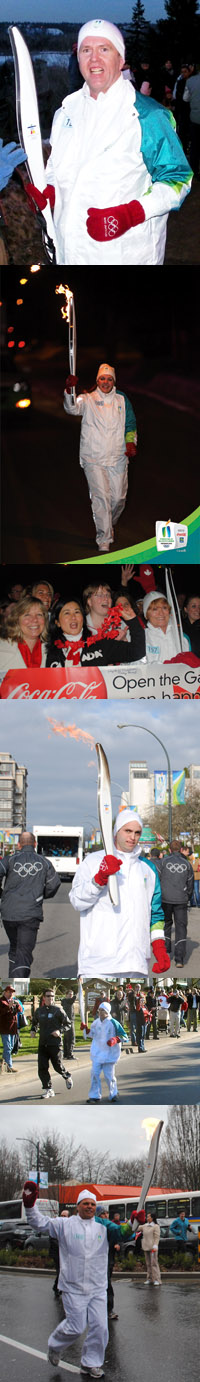 Olympic torch bearers (top-to-bottom) Alasdair Mills, Doriann George, Shannon Cordingley, Alex Warner, Tim Palmer, and Frank Pozzobon